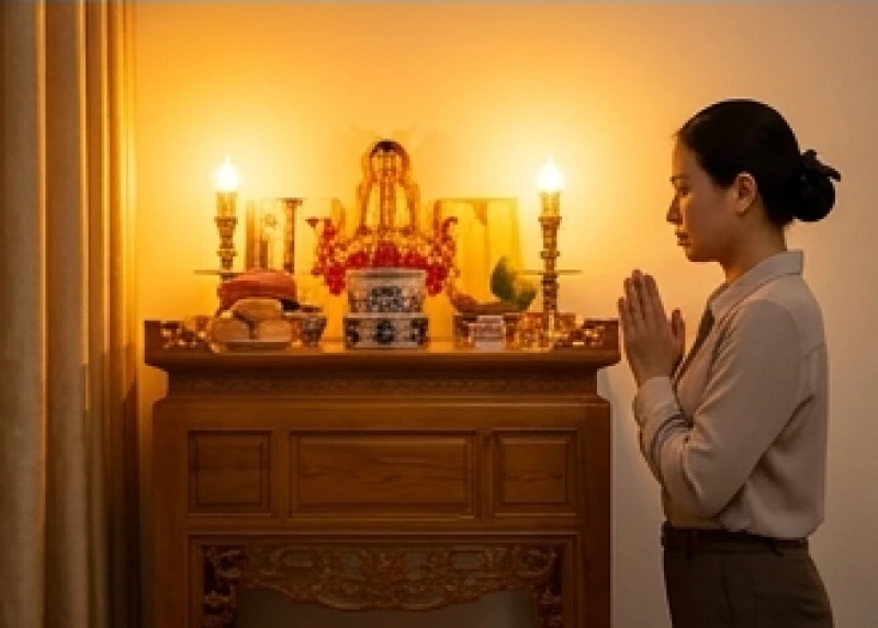 Gia chủ chắp tay nhắm mắt tịnh tâm đọc bài văn khấn Vu Lan báo hiếu tại nhà trước ban thờ Phật thanh tịnh