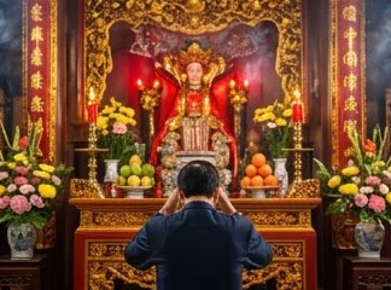 Tín chủ chắp tay thành kính thầm đọc bài văn khấn Đền Bà Chúa Kho trước ban thờ Thánh Mẫu lộng lẫy