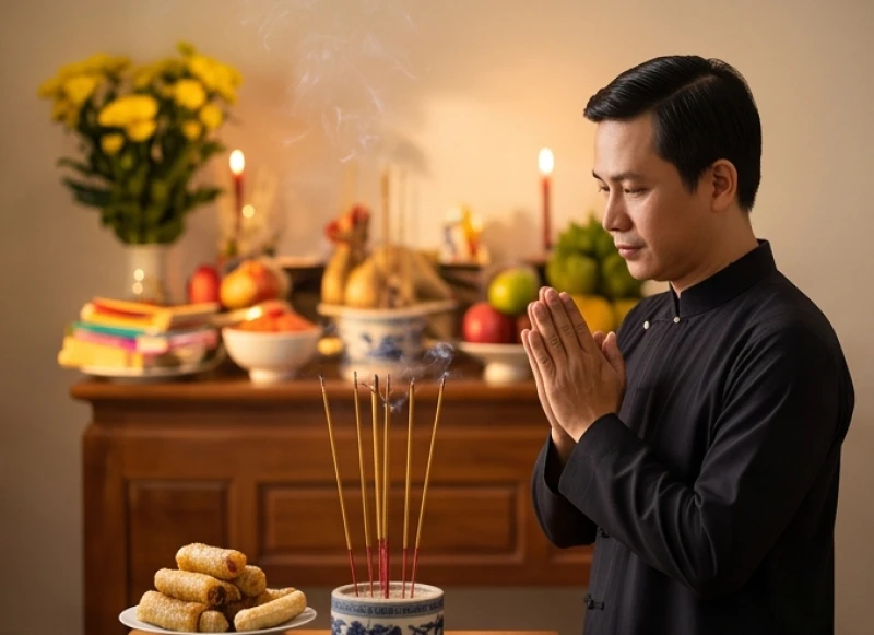 Gia chủ mặc trang phục chỉnh tề chắp tay thành kính đọc văn khấn hóa vàng mùng 3 Tết trước ban thờ