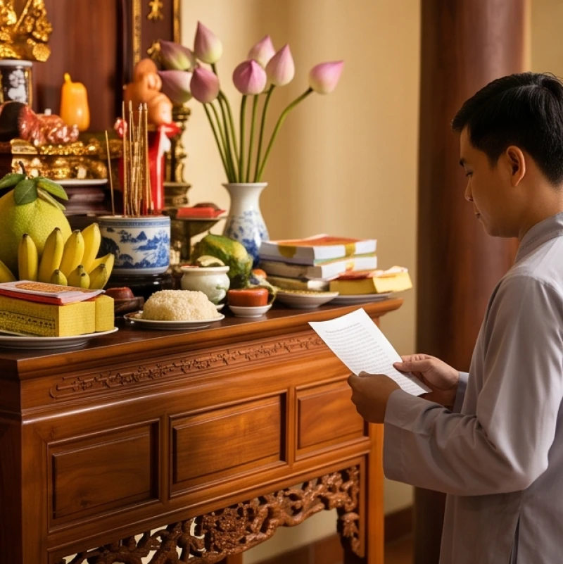 Văn khấn cầu siêu tại chùa: Trình tự dâng lễ và bài khấn chuẩn 6 Người đại diện gia đình đang thành tâm đọc văn khấn cầu siêu trước ban thờ hương linh
