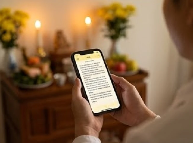 Người hành lễ dùng hai tay cầm điện thoại thông minh ngang tầm mắt để đọc văn khấn một cách trang nghiêm