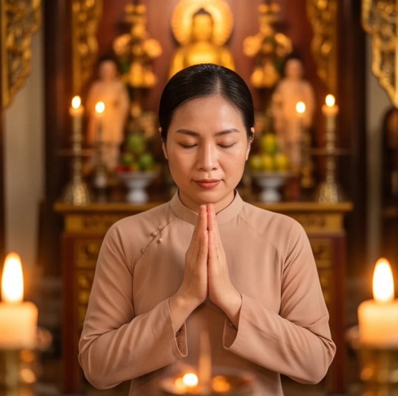 Người phụ nữ chắp tay trang nghiêm đọc văn khấn cầu bình an trước ban thờ linh thiêng