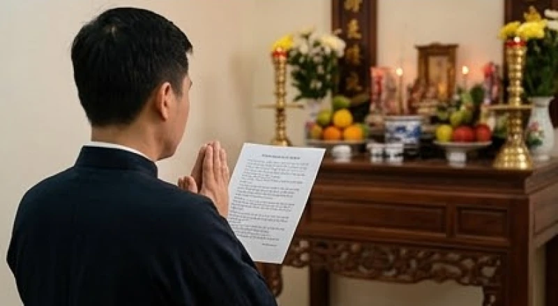 Khung cảnh tĩnh lặng khi người chồng chắp tay hướng về bàn thờ gia tiên để tâu trình chư vị thần linh