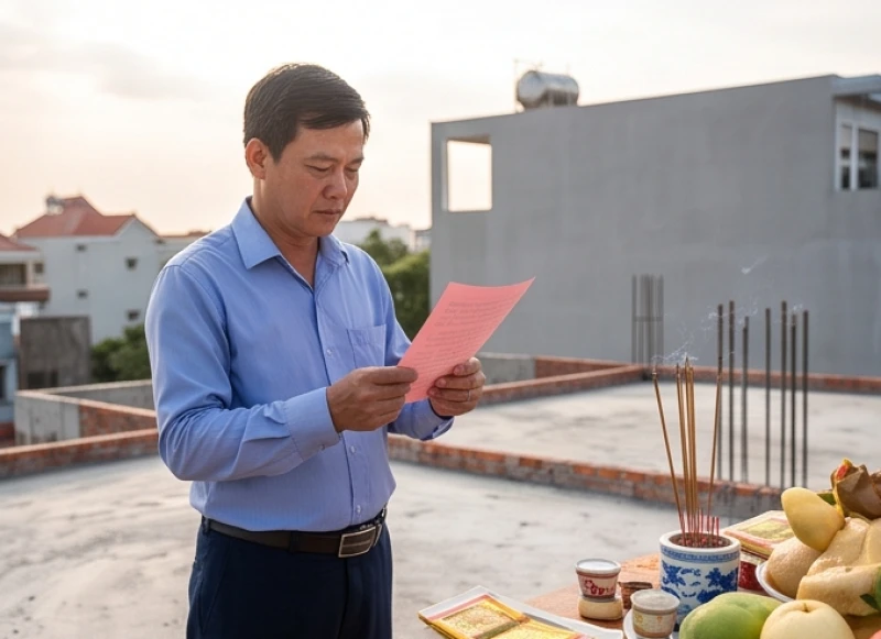Gia chủ cầm tờ giấy đỏ trang nghiêm đọc văn khấn cất nóc nhà trước mâm lễ vật