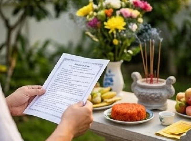 Người hành lễ cầm bản văn khấn Mẫu Thiên đọc to rõ ràng từng lời nguyện cầu gia đạo bình an trước lư hương đang tỏa khói