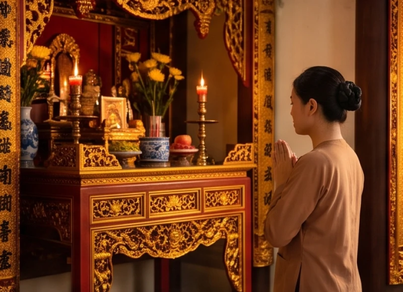 Tín chủ chắp tay ngang ngực thành tâm khấn nguyện trước không gian ban thờ linh thiêng