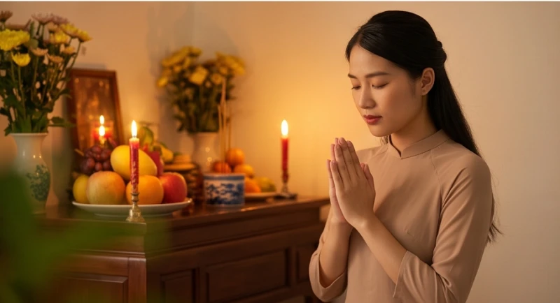 Cô gái trẻ mặc áo dài trang nhã đang nhắm mắt chắp tay khấn vái trước bàn thờ tĩnh lặng