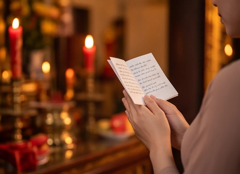 Tín chủ lẩm nhẩm đọc bài văn khấn cầu duyên Chùa Hà với thái độ từ tốn để thỉnh cầu người có tâm có đức
