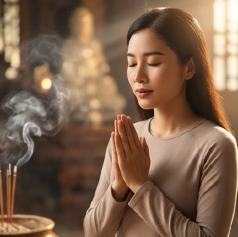 Văn khấn cầu con Quan Âm: Bài cúng chuẩn và nghi lễ cầu tự 6 Người phụ nữ chắp tay thành tâm nhẩm đọc văn khấn cầu tự trước lư hương đồng khói tỏa trầm mặc