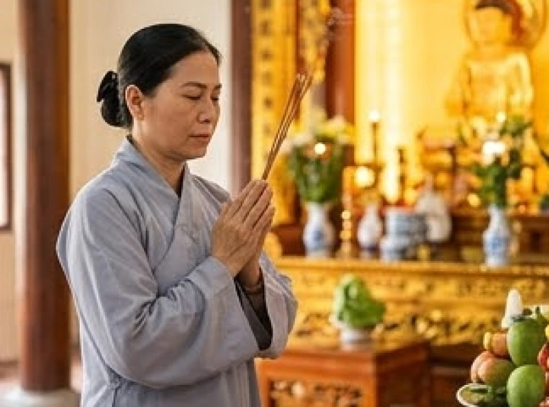 Văn khấn chuộc con bán khoán: Bài khấn chuẩn và sớ dịch nghĩa 4 Người đại diện gia đình đang chắp tay thành kính đọc bài văn khấn chuộc con bán khoán trước ban thờ