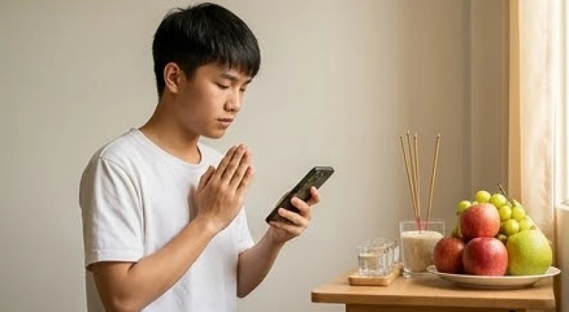 Văn khấn về phòng trọ mới: Bài cúng chuẩn và mâm lễ tối giản 6 Người trẻ tuổi đứng chắp tay trang nghiêm đọc bài khấn từ màn hình điện thoại