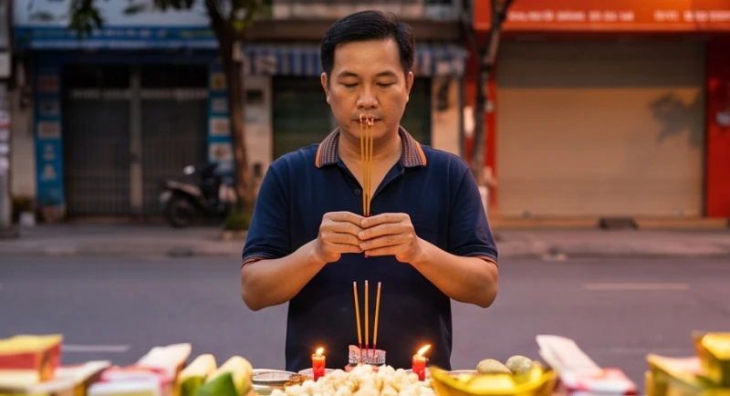 Chủ cửa hàng đứng trang nghiêm thắp nhang và đọc bài văn khấn cô hồn ngày 16 bằng tiếng Việt chuẩn Nôm