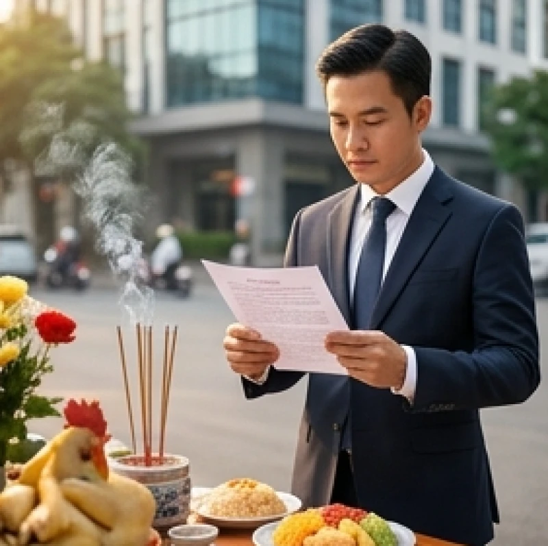 Người chủ lễ hai tay cầm tờ giấy đỏ thành tâm đọc rành mạch từng lời khấn thành lập doanh nghiệp