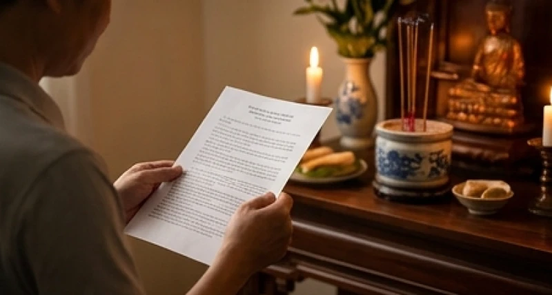 Văn khấn cúng 49 ngày chuẩn nhất: Cách sắm lễ và tính ngày giờ 6 Nam thanh niên chắp tay đứng trước án gian, cầm tờ giấy in bài văn khấn cúng 49 ngày đọc với thái độ thành kính