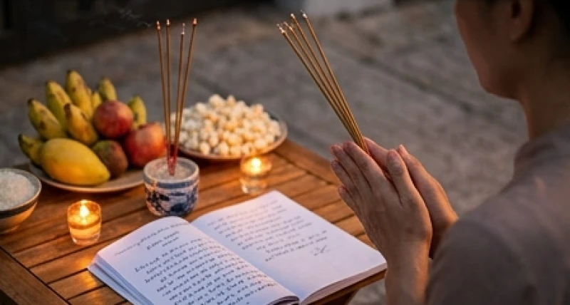 Gia chủ ăn mặc trang tề đang chắp tay thành kính đọc bài văn khấn cúng chúng sinh rằm tháng 7 trước bàn lễ