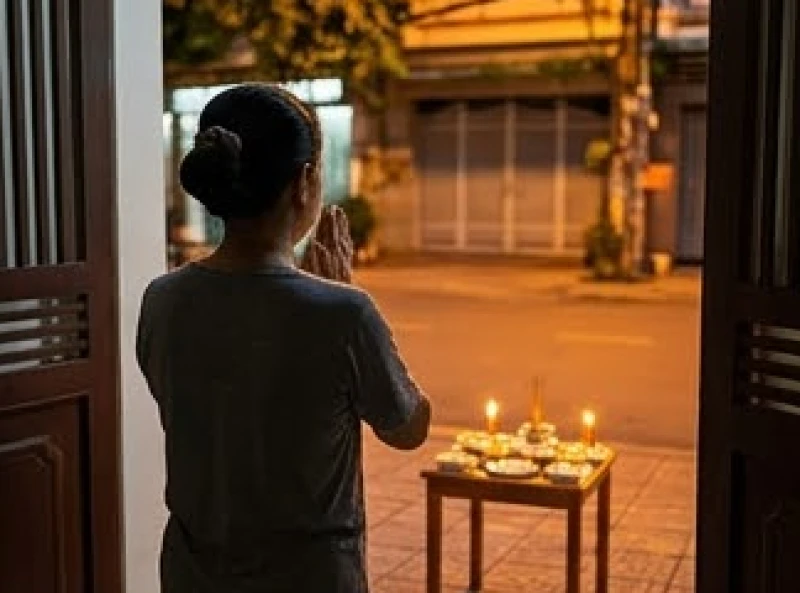 Gia chủ chắp tay nghiêm trang hướng mặt ra đường lớn để xin phép thần linh
