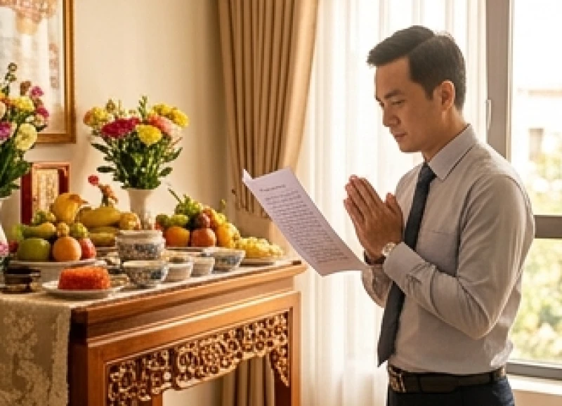 Người cha ăn mặc chỉnh tề đang thành tâm chắp tay đọc bài văn khấn cúng đầy tháng cho con