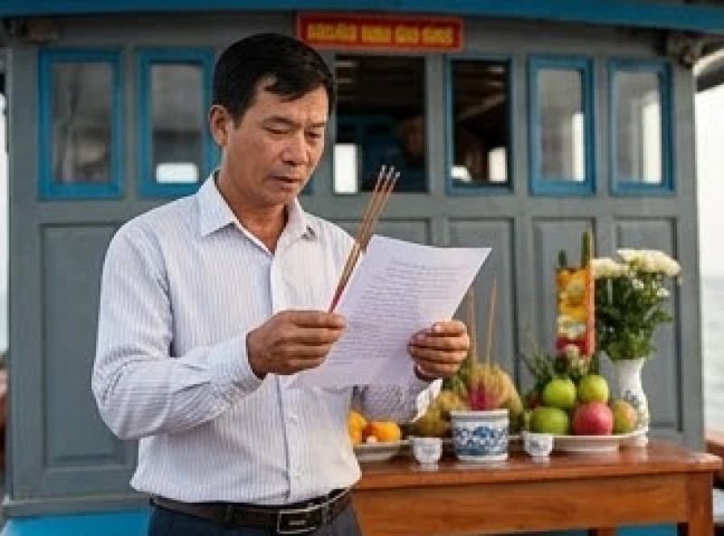Chủ tàu trang nghiêm chắp tay đọc bài văn khấn cúng ghe biển để xin Thủy thần che chở