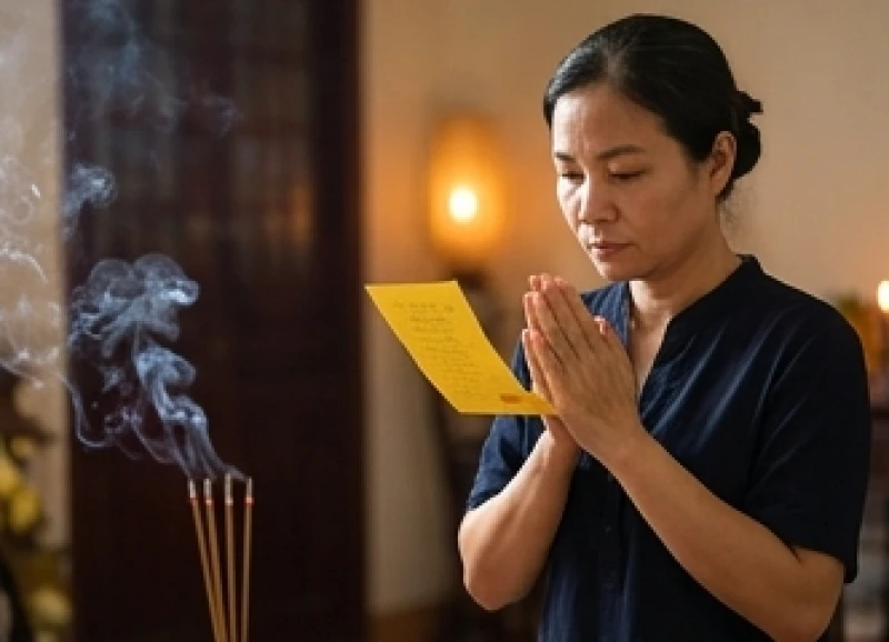 Văn khấn đốt vàng mã cho người mất: bài khấn chuẩn và trình tự nghi lễ 7 Gia chủ chắp tay thành kính đọc bài văn khấn trước mâm lễ cúng và chậu hóa vàng