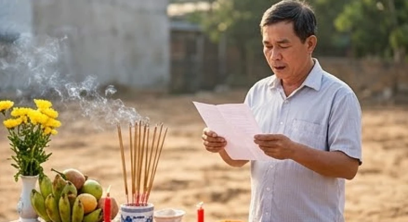 Gia chủ cầm giấy thành tâm đọc bài văn khấn cúng móng nhà trước bàn thờ thần linh ngoài trời
