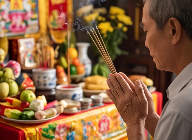Người chủ lễ chắp tay thành kính đọc bài văn khấn cúng Mụ cho bé trai trước mâm lễ