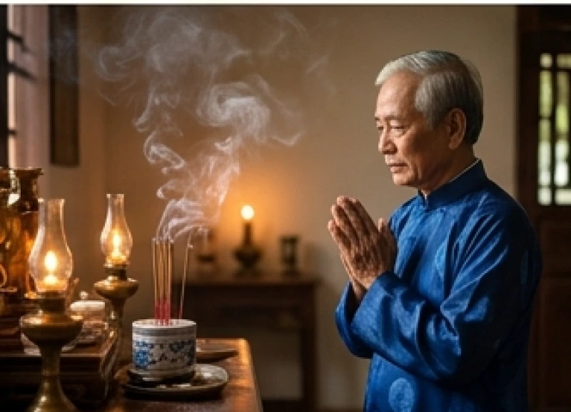 Người lớn tuổi mặc áo dài truyền thống đang chắp tay thành kính cầu nguyện trước bàn thờ nghi ngút khói.
