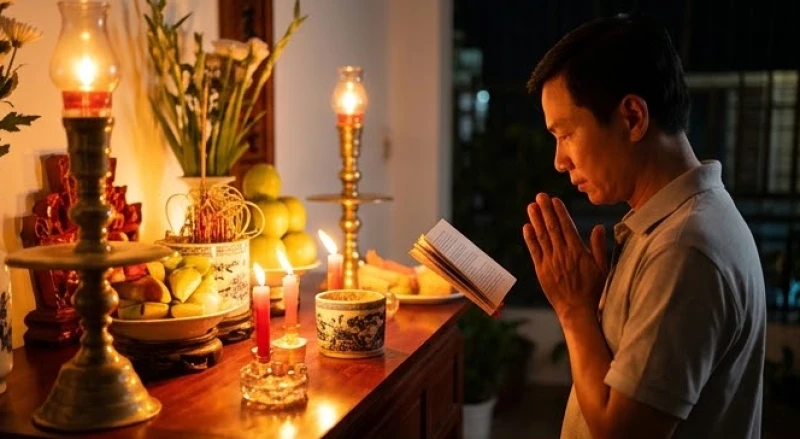 Gia chủ chắp tay thành kính đọc bài văn khấn sao Thái Bạch trước mâm hương án.