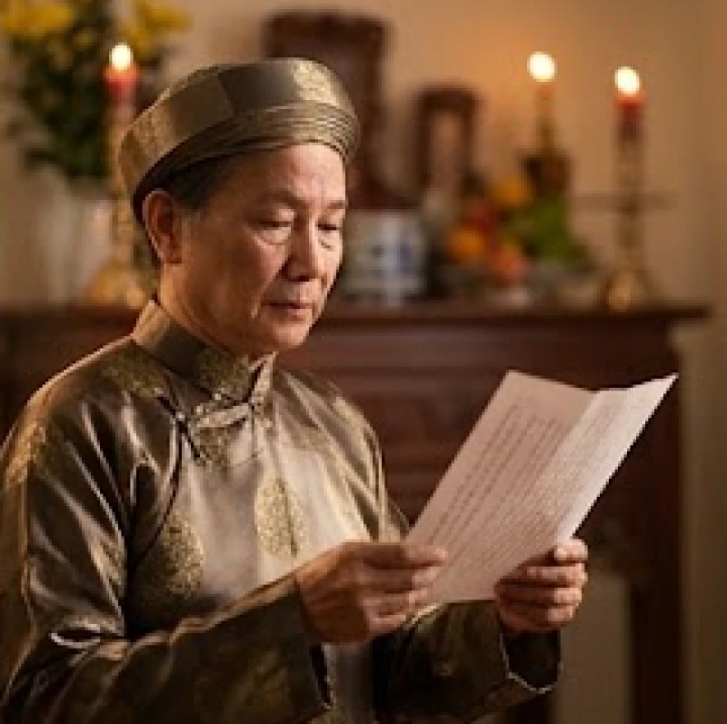 Người lớn tuổi cẩn thận cầm tờ giấy đọc văn khấn Tất niên trước bàn thờ