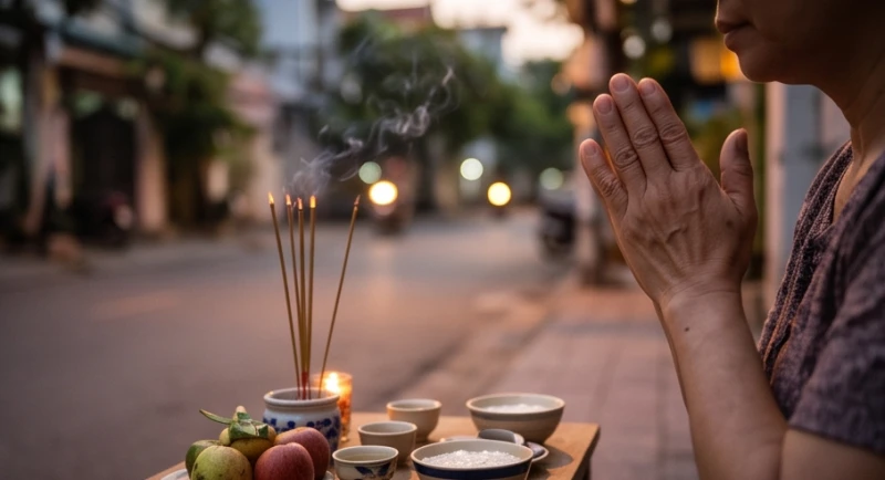 Văn khấn cúng thí thực hàng tháng: Bản chuẩn Phật giáo tại gia 5 Người hành lễ chắp tay thành kính đứng quay mặt ra đường để tụng niệm bài văn khấn cúng thí thực hàng tháng trang nghiêm