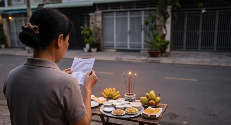Gia chủ đứng quay lưng lại với ngôi nhà và thành tâm đọc bài văn khấn cúng thí thực rằm tháng 7