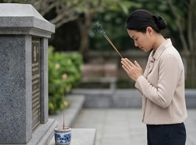 Một người đi lễ đang đứng trang nghiêm, tay cầm nhang và thành kính đọc bài văn khấn cung thỉnh chư vị.