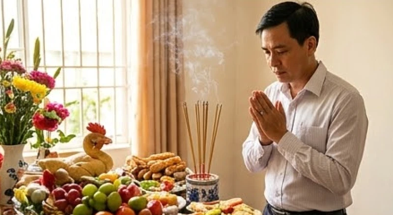 Người cha mặc áo sơ mi chỉnh tề đứng chắp tay cầm nhang thành tâm đọc bài văn khấn trước bàn thờ