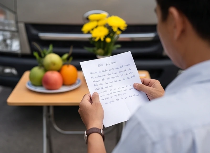 Bản nháp ghi chép biển số xe và lời khấn được cầm trên tay một người đang đứng trước đầu xe