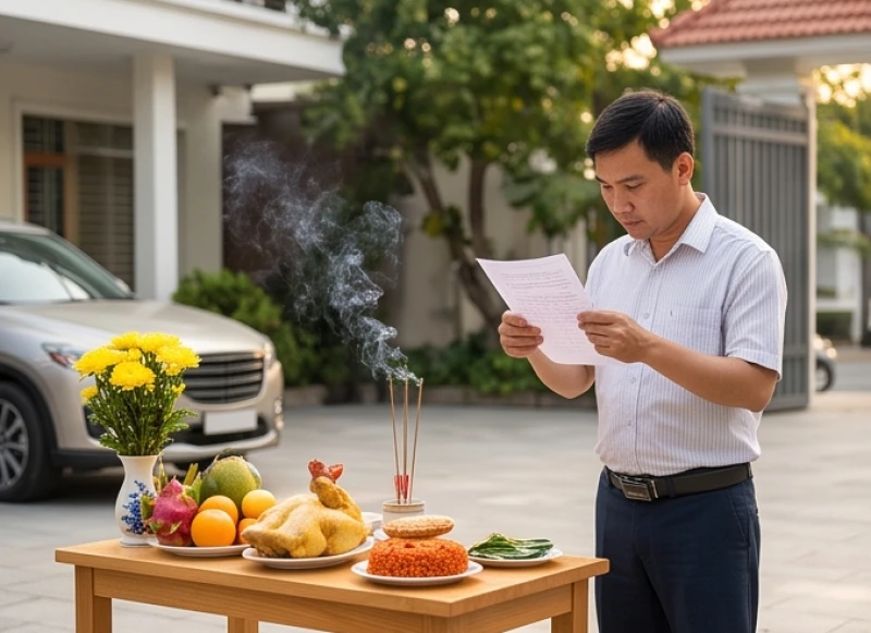 Người chủ xe chắp tay thành kính đứng trước bàn lễ và đọc bài văn khấn cầu bình an cho phương tiện