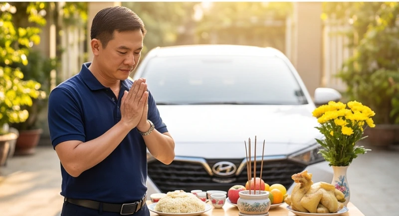 Người đàn ông mặc áo có cổ lịch sự chắp tay thành kính đọc bài khấn cúng xe mới trước chiếc ô tô trong sân