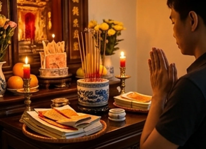 Văn khấn đốt quần áo cho người mất: Đúng nghi thức theo từng dịp 8 Người cúng chắp tay trang nghiêm đọc bài khấn xin phép thần linh và gia tiên trước khi mang đồ thế đi hóa vàng