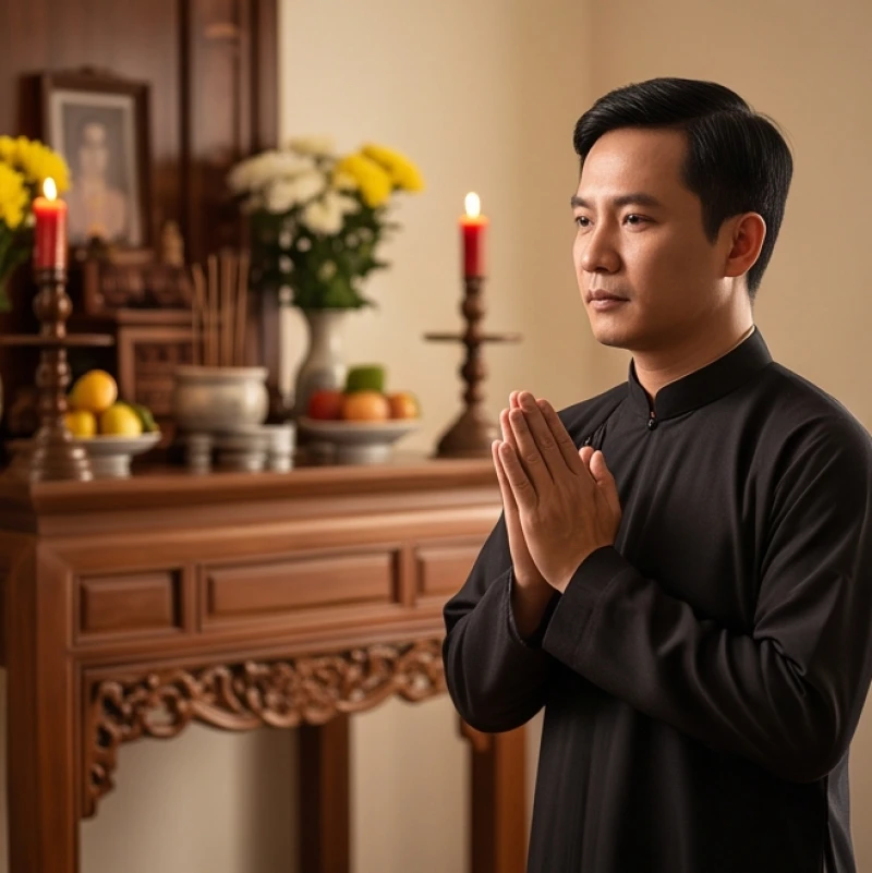 Văn khấn lễ tốt khốc chuẩn truyền thống: Bài cúng và cách xưng hô 6 Người đàn ông mặc áo dài đen truyền thống đứng chắp tay trang nghiêm đọc bài văn khấn trước ban thờ