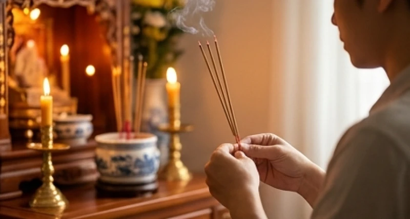 Văn khấn gửi đồ cho người âm: Cách ghi sớ và bài khấn chuẩn 4 Người thực hiện nghi lễ đang chắp tay thành kính dâng hương trước ban thờ gia tiên