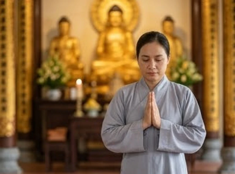 Phật tử chắp tay cung kính đọc văn khấn cúng dường Tam Bảo trước chính điện