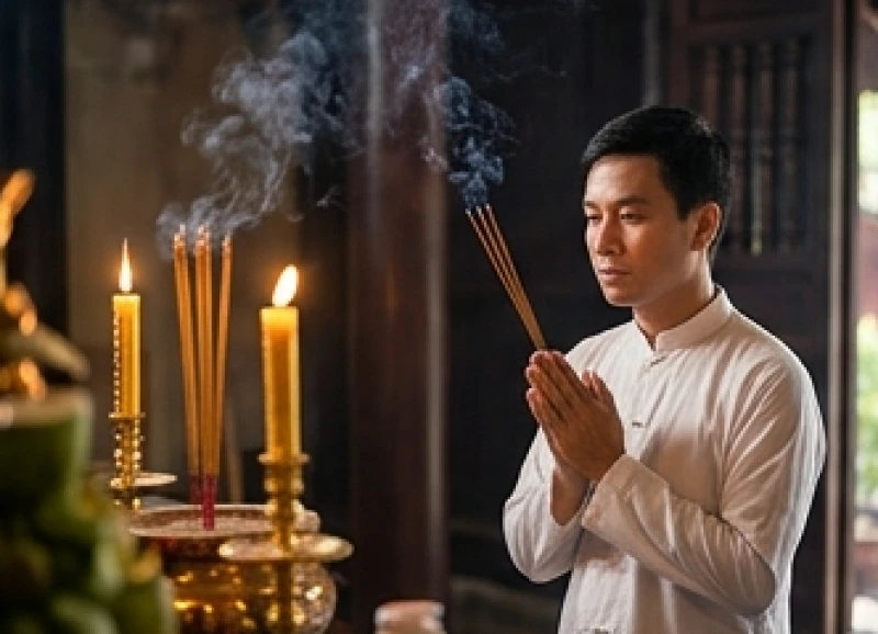 Người hành hương chắp tay thành kính đọc rõ từng lời tấu trình trước ban thờ Tiên Cô