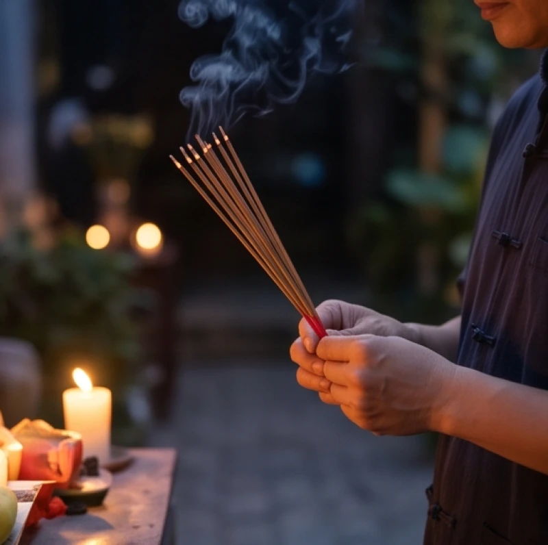 Sao hạn tuổi Tỵ năm 2027: bảng tra cứu và mâm cúng bài bản 7 Người đàn ông chắp tay thành kính thắp nén nhang và đọc văn khấn hóa giải sao hạn ngoài trời