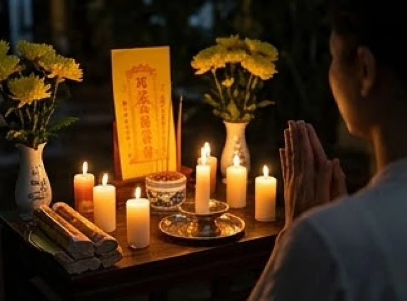 Văn khấn sao Thổ Tú chuẩn: Hướng dẫn sắm lễ và sơ đồ 5 ngọn nến 9 Người làm lễ đứng chắp tay thành kính, miệng đọc nhẩm bài văn khấn cầu bình an trước mâm cúng giải hạn rực sáng ánh nến
