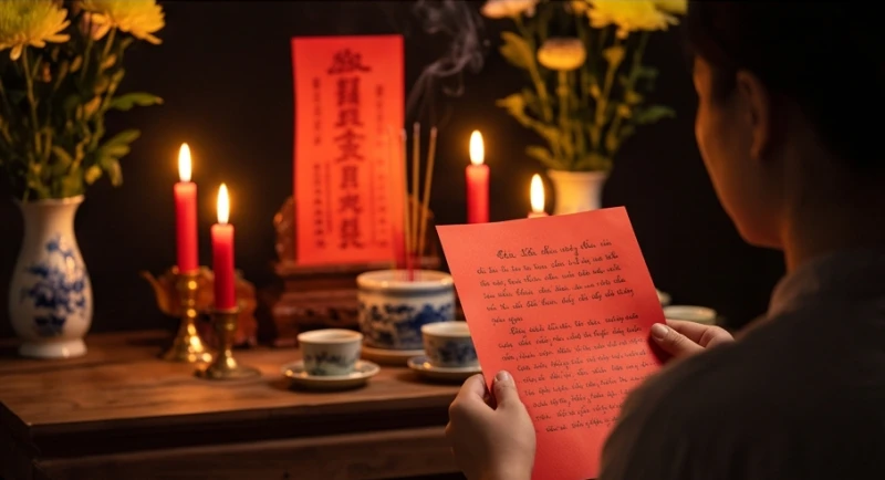 Tờ văn khấn cúng sao Vân Hán được đặt ngay ngắn trước bài vị đỏ để gia chủ thành tâm đọc