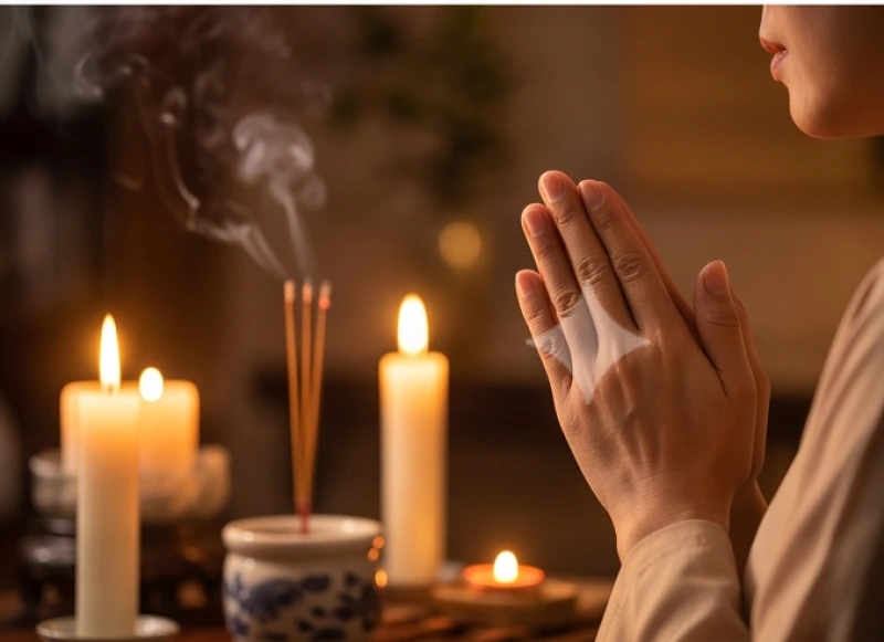 Đôi bàn tay chắp lại thành kính trước ánh sáng lung linh của nến trên bàn hương án