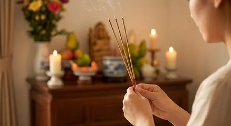 Gia chủ thành tâm thắp nhang và đọc văn khấn trong nghi thức dâng sao giải hạn tại nhà