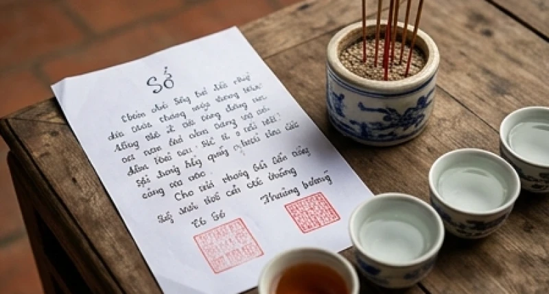 Tờ giấy ghi nội dung bài văn khấn tạ đất đai được đặt cẩn thận bên cạnh mâm cúng