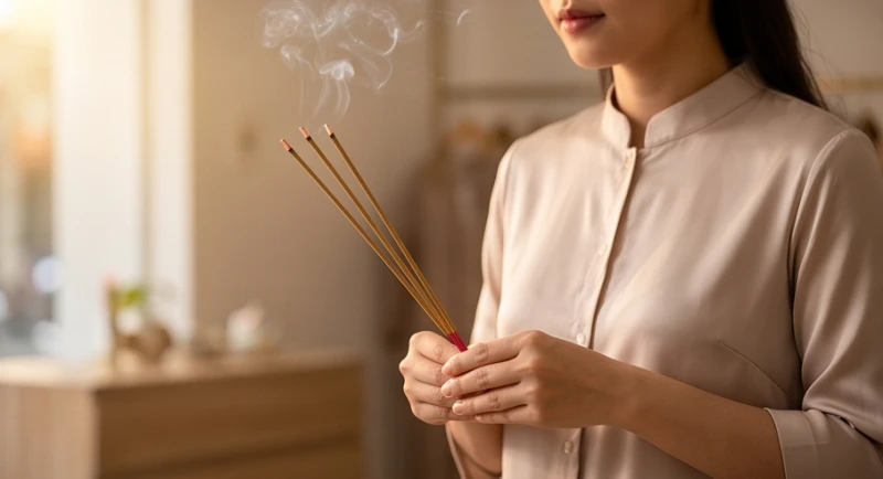 Người chủ cầm nhang chắp tay đọc bài văn khấn đầu năm tại cửa hàng