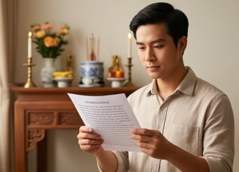 Người cha cầm tờ giấy in bài văn khấn đầy tháng bé gái đọc với âm lượng vừa đủ nghe