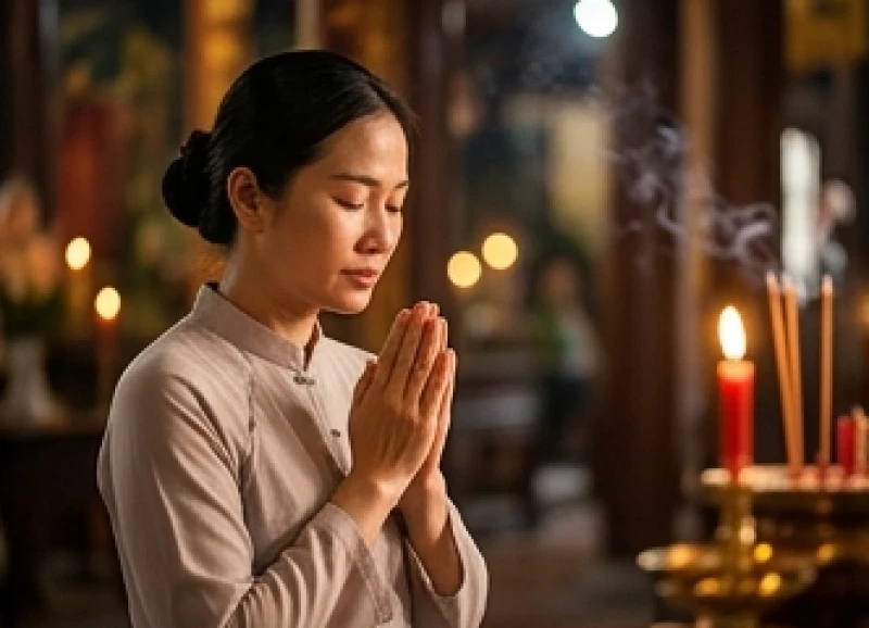 Văn khấn Đền Bắc Lệ: Hướng dẫn sắm lễ và thứ tự bái yết 10 Người đi lễ chắp tay nhắm mắt thành tâm đọc nhẩm bài văn khấn cầu bình an tại gian chính điện đền Bắc Lệ
