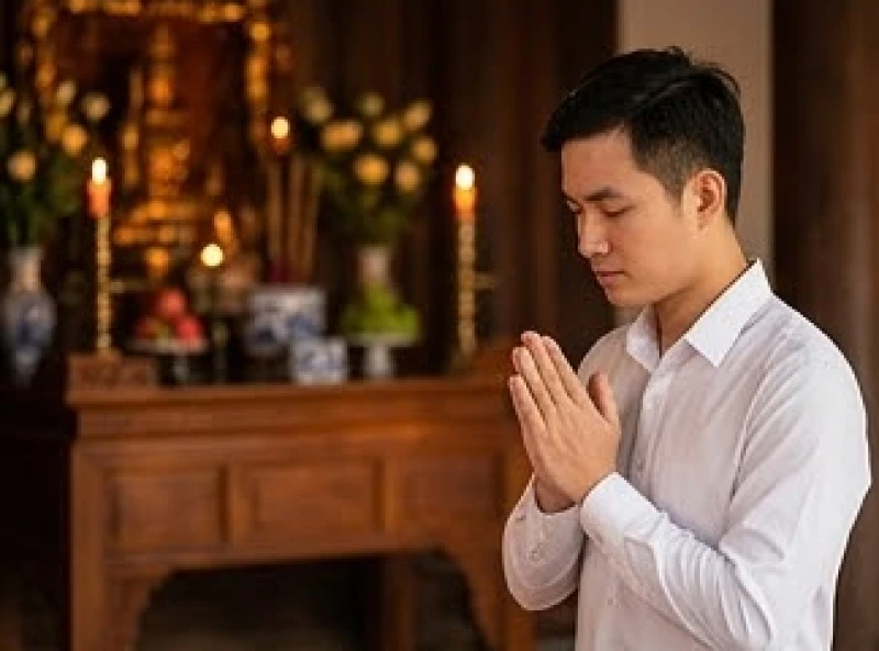 Người hành hương chắp tay hình búp sen cung kính nhẩm đọc văn khấn trước ban thờ uy nghi